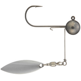 Fishing lure with a hook and metal blade on a white background