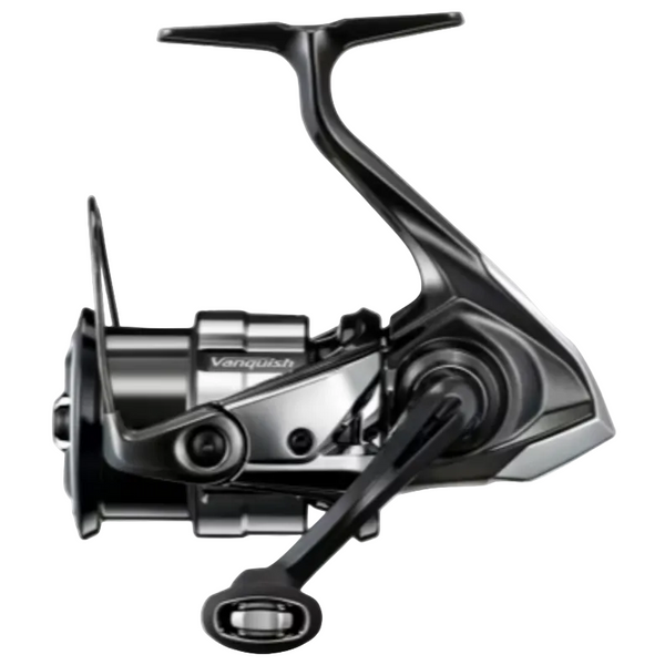 A black and silver Shimano Vanish spinning fishing reel with a step-on handle, shown from a side profile view on a white background.