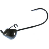 A black fishing hook with a rounded head and a barb, against a white background.