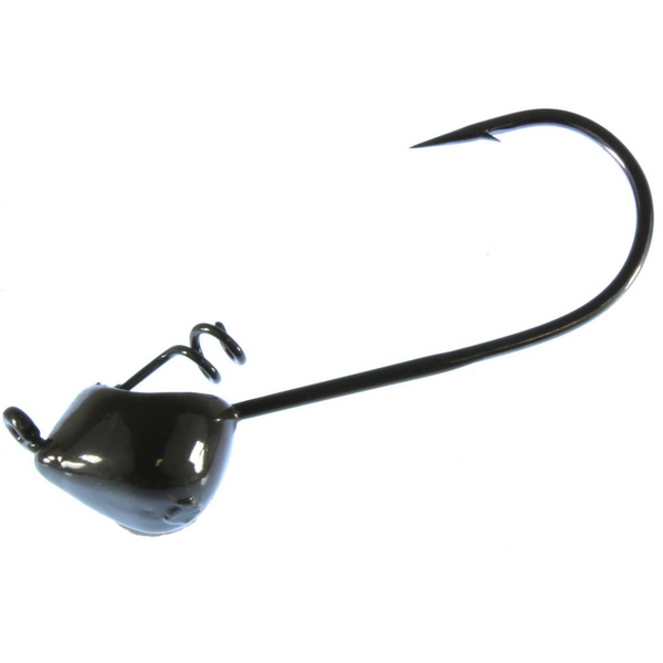 A black fishing hook with a rounded head and a barb, against a white background.