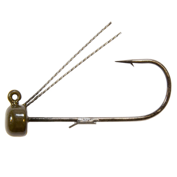 A mushroom-shaped jighead with a medium wire hook and adjustable wire weedguard.