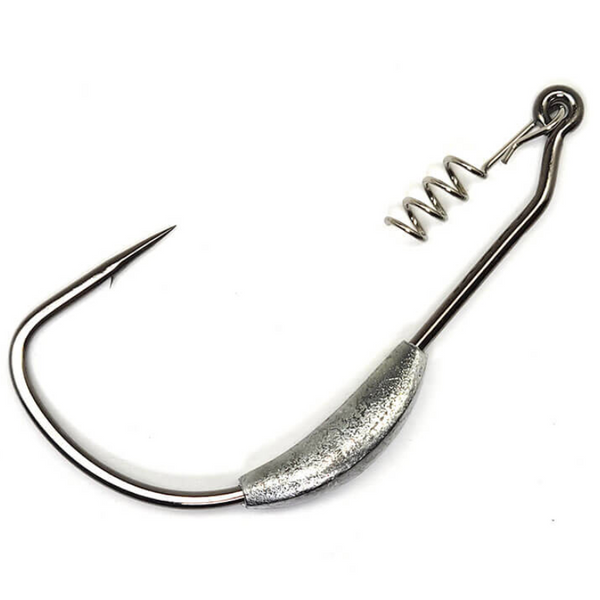 A single silver-colored Gamakatsu weighted superline spring lock fishing hook with a barb and a loop for attaching a fishing line.