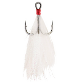 A single Berkley Fusion Feathered Trailer Hook with a white feathered treble and a red thread at the top.