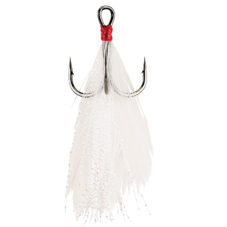 A single Berkley Fusion Feathered Trailer Hook with a white feathered treble and a red thread at the top.