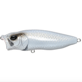 A Megabass Popmax topwater fishing lure with a silver and white color scheme, featuring detailed gill-system and realistic eyes.