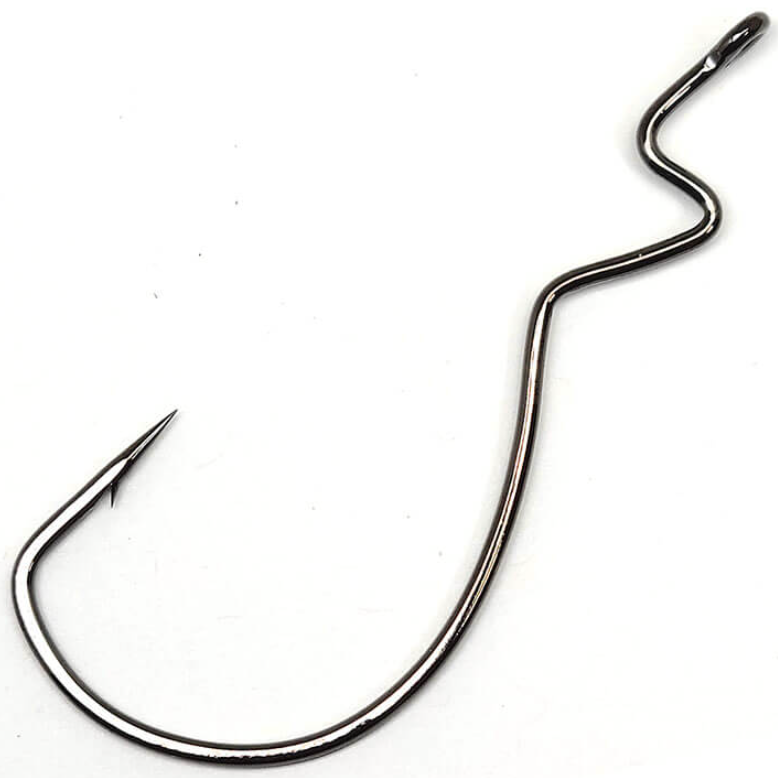 A single black Gamakatsu worm skip gap fishing hook against a white background.